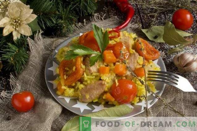 Pork pilaf with dried apricots and cherry tomatoes