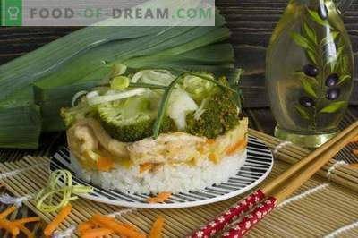 Stroganoff mit Hühnerfleisch mit Lauch, Reis, Broccoli und Blumenkohl