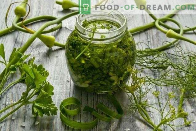 Bereiding van greens voor de winter: kruiden voor salades en soepen met knoflook, ...