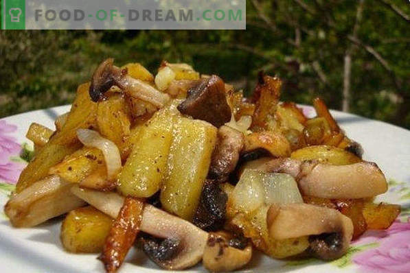 Hoe bak je aardappelen in een koekenpan met een gouden korst, uien, vlees, champignons