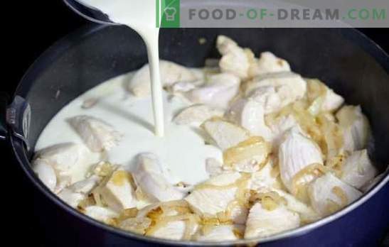 Kip in een roomsaus in een pan is zacht! Kip koken in een romige saus in een pan met groenten, champignons, kaas