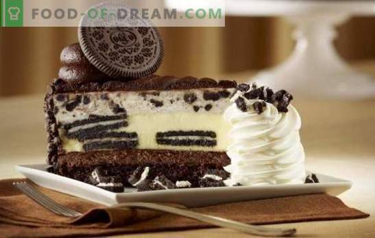 Wit en zwart is Oreo-cake. Op zoek naar een verfijnde smaaksmaak: recepten van Oreo-biscuit en zandtaart (met fruit, chocolade, wrongel)
