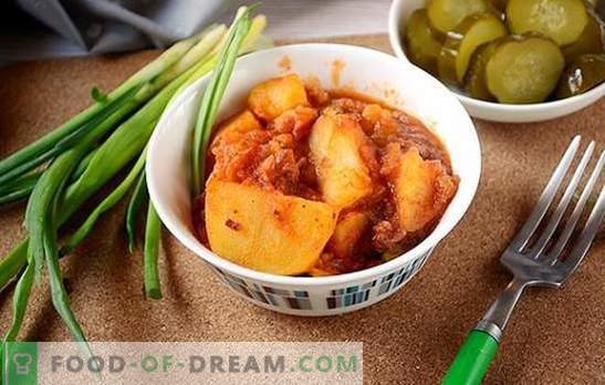 Potatoes with stew, green peas and tomato paste - diversify the daily menu. Photo-recipe for cooking unusual potatoes with stew in a tomato with green peas