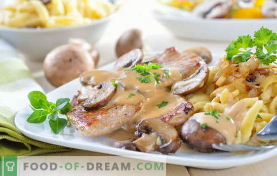 Varkensvlees met aardappelen en champignons: gebakken, gebakken, gestoofd. Interessante variaties van het koken van aardappelen met varkensvlees en champignons