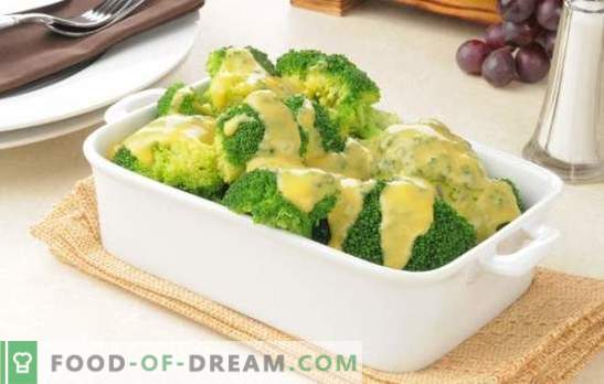 Broccoli in een romige saus met nootmuskaat, kaas, champignons. Recepten gekookte en gebakken broccoli in roomsaus