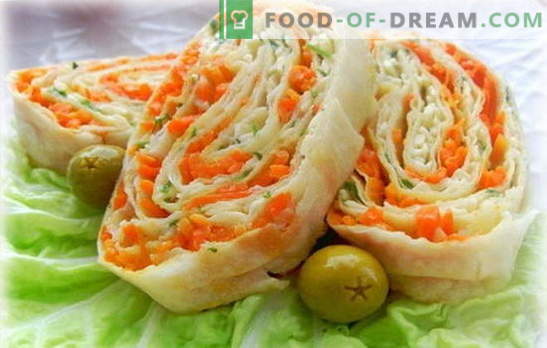 Lavash-rol met Koreaanse wortelen - eenvoudig, smakelijk, gezond. Varianten van vullingen voor pitabroodjes met Koreaanse wortelen