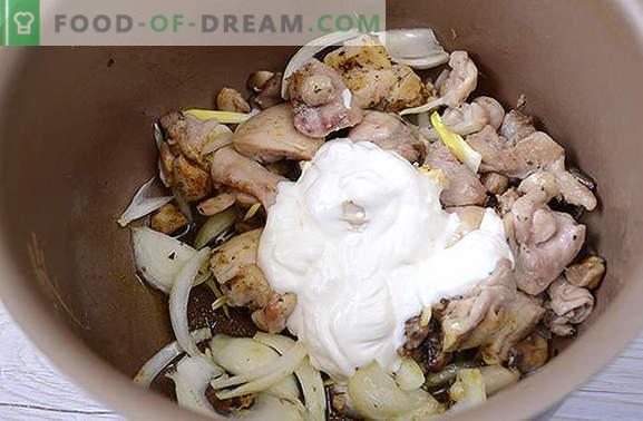 Kipstoofpot met champignons: voedzaam en geurig! Stapsgewijs recept van de auteur voor het snel koken van kip met champignons in een slowcooker