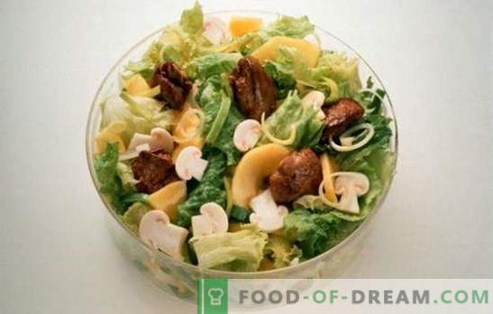 Salade met lever en champignons: de meest succesvolle recepten voor koken. Koken van heerlijke salades van lever en paddenstoelen in verschillende varianten