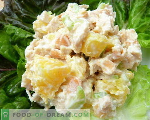 Salades van kip, ananas en champignons zijn de beste recepten. Hoe bereid je een salade op de juiste en heerlijke wijze met kip, ananas en champignons