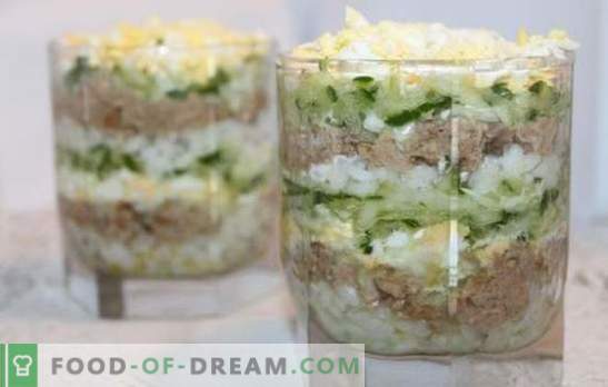 Kabeljauwlever salade met rijst - kookopties voor een gezonde snack. Recepten voor kabeljauwlever salade met rijst: eenvoudig en gepuft