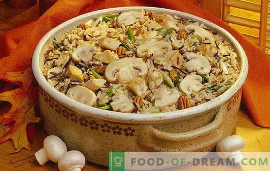 Pilau met champignons - een rel van aroma's! Kokend kruimelig pilaf met champignons: mager, met vlees, kip, boekweit, rozijnen