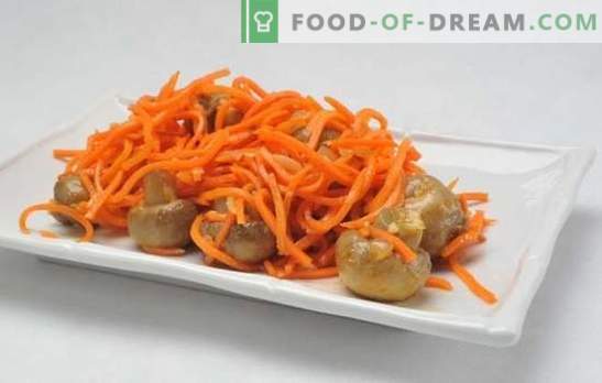 Een eenvoudige en complexe schotel - een salade met Koreaanse wortelen en paddenstoelen. Kooksalade: Koreaanse wortelen, champignons ... wat nog meer?