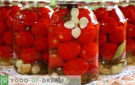 Tomaten met knoflook voor de winter: een mooie en hartige snack. Verschillende recepten voor het oogsten van groene en rode tomaten met knoflook voor de winter