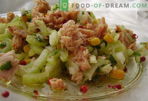 Conserven tonijnsalade - Bewezen recepten. Hoe een salade van ingeblikte tonijn te koken.
