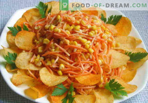 Salade met frites - een selectie van de beste recepten. Hoe goed en smakelijk een salade met chips bereiden.