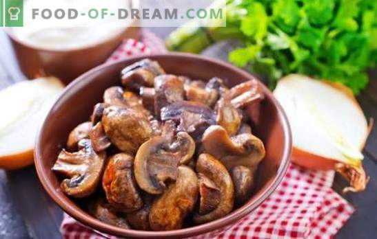 Champignons met uien - de wereld van de paddestoelfantasieën! Recepten van gebakken en gebakken champignons met uien in een koekenpan, in de oven