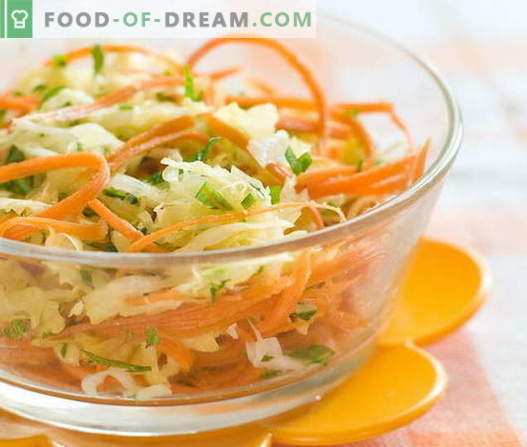 Verse wortel- en koolsalades zijn de vijf beste recepten. Salades koken van verse wortelen en kool.
