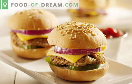 Hamburger thuis: recepten voor broodjes en toppings. Bereid hamburgers thuis voor: met vis, vlees, champignons