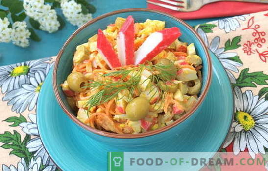 Sappige salades met krabsticks en Koreaanse wortels. Recepten voor salades met krabstokken en Koreaanse wortelen