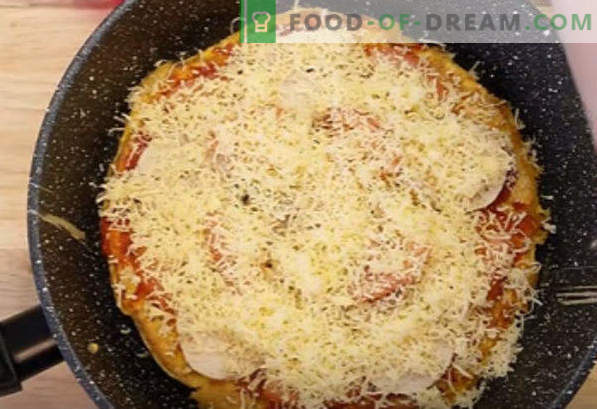 Pizza in een pan gedurende 10 minuten, stap voor stap recept, met kefir, op brood, met ham, met mayonaise