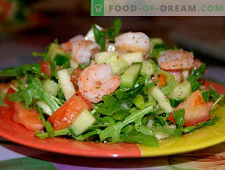 Salades met rucola en garnalen - de vijf beste recepten. Hoe goed en lekker salades bereiden met rucola en garnalen.