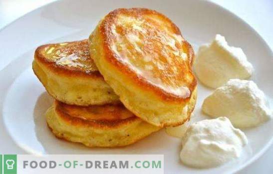 Geen geheimen - eenvoudige donzige pannenkoeken op yoghurt. Recepten voor weelderige pannenkoeken op yoghurt met kwark, lokaas, appels
