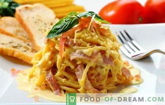 Spaghetti met ham - eenvoudige en complexe recepten, klassiek en saus. En ook een ongewone pasta-pizza gemaakt van spaghetti met ham