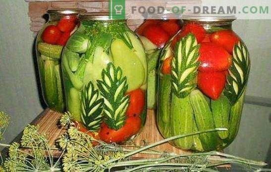 Geassorteerde komkommers: hoe het te doen Kies de marinade samenstelling voor diverse komkommers met tomaten, bloemkool, courgette, paprika's
