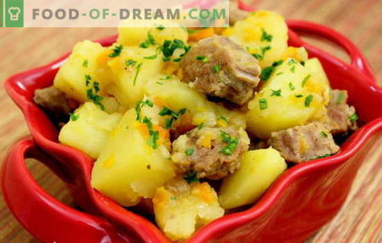 Gestoofde aardappelen met varkensvlees. Recepten van varkensvlees met aardappelen voor een romantisch diner en een stevige lunch